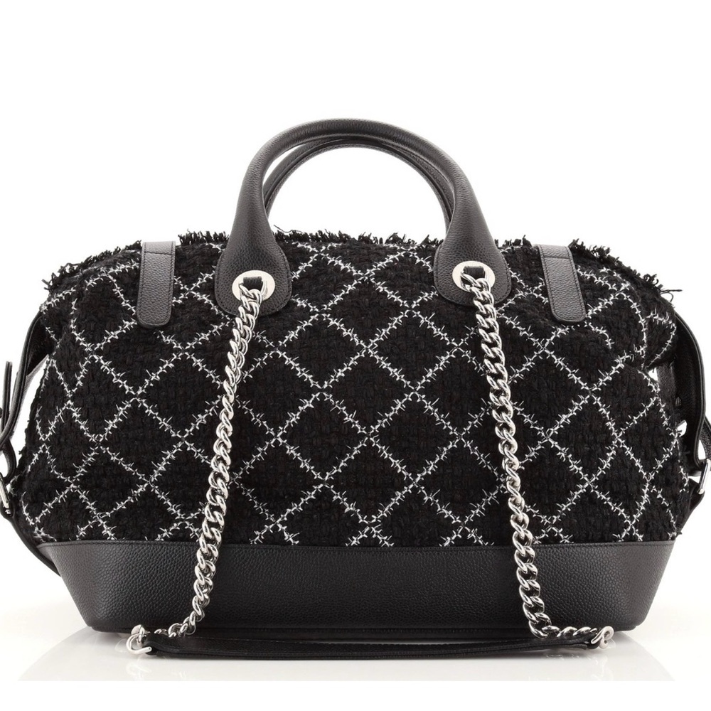 Authentic Chanel Black Quilted Tweed Chain-Handle Satchel Bag